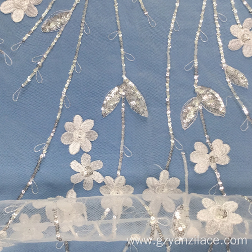 White Crystal Sequin Flower Embroidery Fabric